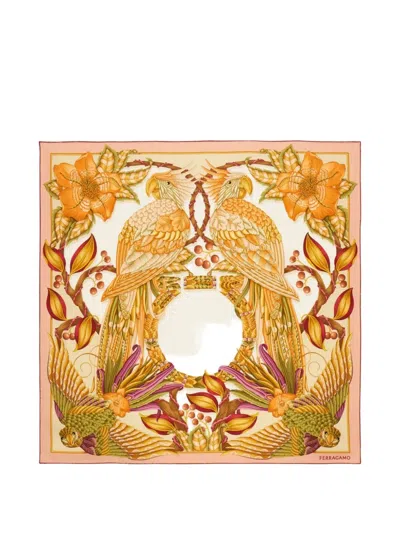 Ferragamo Parrots Print Silk Scarf In Brown