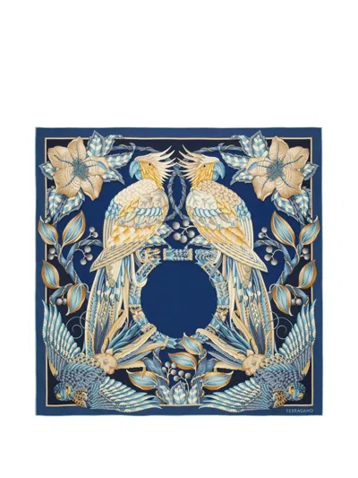 Ferragamo Parrots Print Silk Foulard In Blue