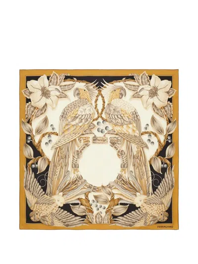 Ferragamo Parrots-print Silk Scarf In Brown