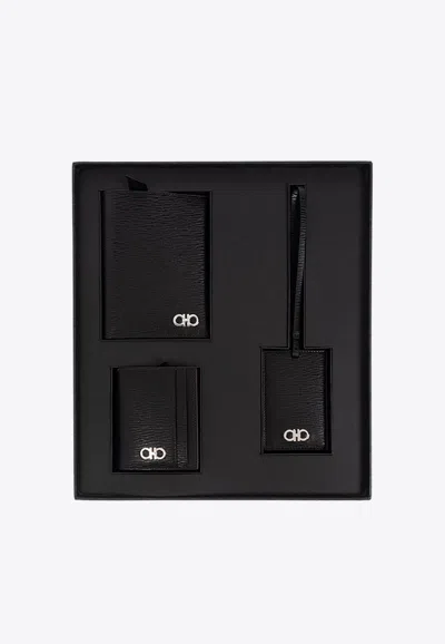 Ferragamo Passport Holder, Cardholder And Luggage Tag Gift Set - Set Of 3 In Black