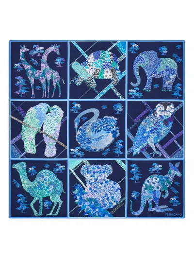 Ferragamo Patchwork-print Silk Scarf In Blue