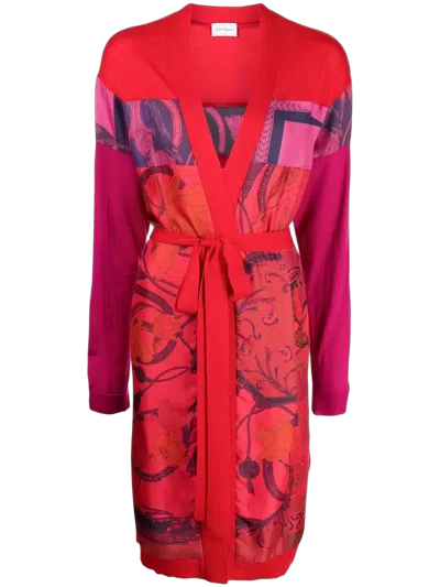 Ferragamo Heritage-print Long Belted Cardigan In Pink