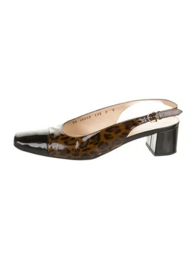 Pre-owned Ferragamo Patent Leather Animal Print Slingback Pumps In Brown