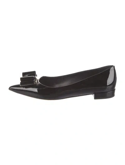 Pre-owned Ferragamo Patent Leather Bow Accents Ballet Flats In Black