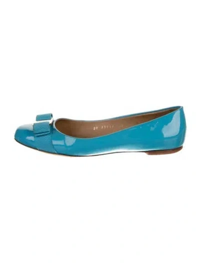 Pre-owned Ferragamo Patent Leather Bow Accents Ballet Flats In Blue
