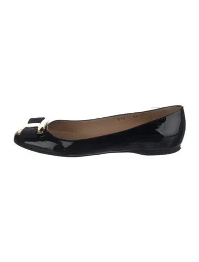 Pre-owned Ferragamo Patent Leather Bow Accents Ballet Flats In Blue