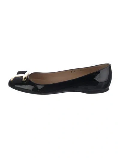 Pre-owned Ferragamo Patent Leather Bow Accents Ballet Flats In Blue
