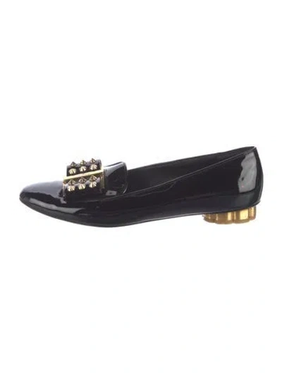 Pre-owned Ferragamo Patent Leather Bow Accents Loafers In Blue
