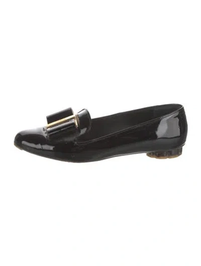 Pre-owned Ferragamo Patent Leather Bow Accents Mary Jane Flats In Black
