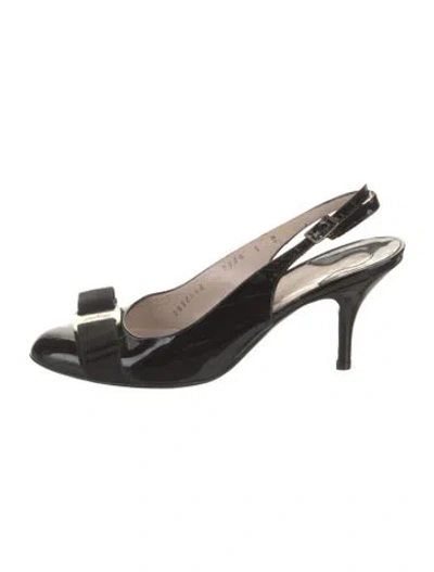 Pre-owned Ferragamo Patent Leather Bow Accents Slingback Pumps In Black