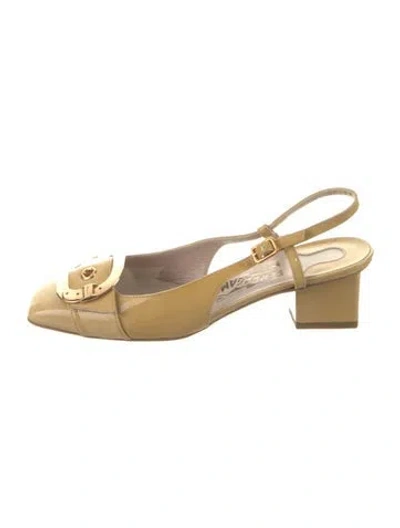 Pre-owned Ferragamo Patent Leather Bow Accents Slingback Pumps In Yellow