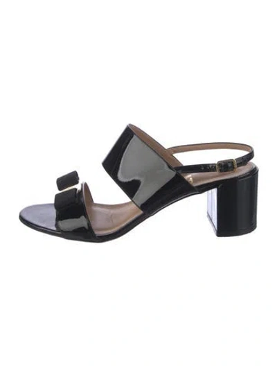 Pre-owned Ferragamo Patent Leather Bow Accents Slingback Sandals In Black
