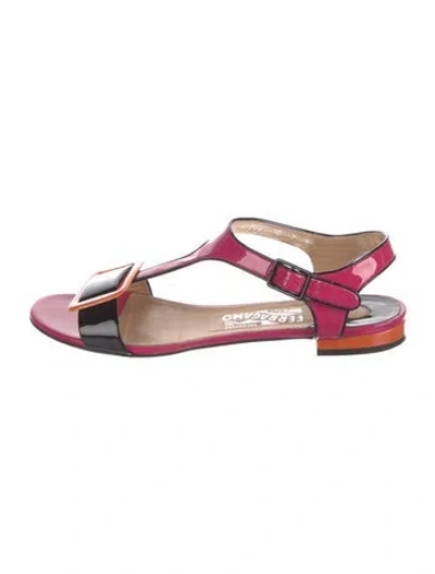 Pre-owned Ferragamo Patent Leather Colorblock Pattern T-strap Sandals In Pink