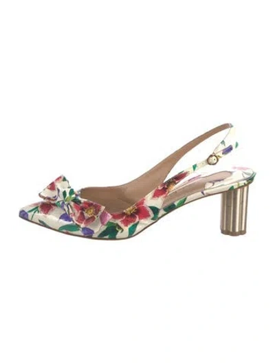 Pre-owned Ferragamo Patent Leather Floral Print Slingback Pumps In White
