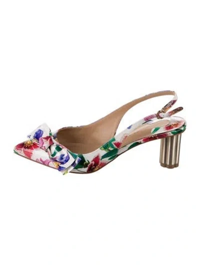 Pre-owned Ferragamo Patent Leather Floral Print Slingback Pumps In White