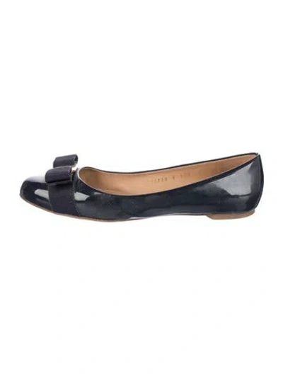 Pre-owned Ferragamo Patent Leather Grosgrain Trim Ballet Flats In Blue