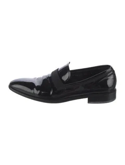 Pre-owned Ferragamo Patent Leather Grosgrain Trim Dress Loafers In Black