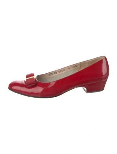 Pre-owned Ferragamo Patent Leather Grosgrain Trim Pumps In Red