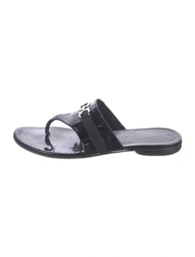 Pre-owned Ferragamo Patent Leather Grosgrain Trim Slides In Black
