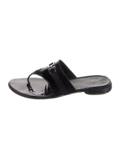 Pre-owned Ferragamo Patent Leather Grosgrain Trim Slides In Black