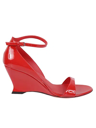 Ferragamo Glossy Leather Sandals With Shaped Wedge Heel In Red