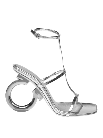 Ferragamo Patent Leather Sandals In Silver