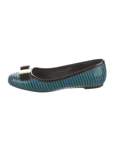 Pre-owned Ferragamo Patent Leather Striped Ballet Flats In Black