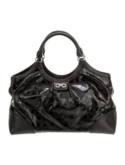 Pre-owned Ferragamo Patent Leather Top Handle Bag In Black
