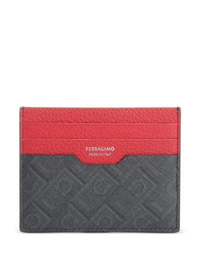 Ferragamo Monogram-print Two-tone Grained Leather Card Holder In Black