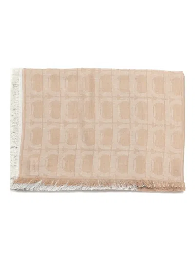 Ferragamo Patterned Fringed Scarf In Neutral