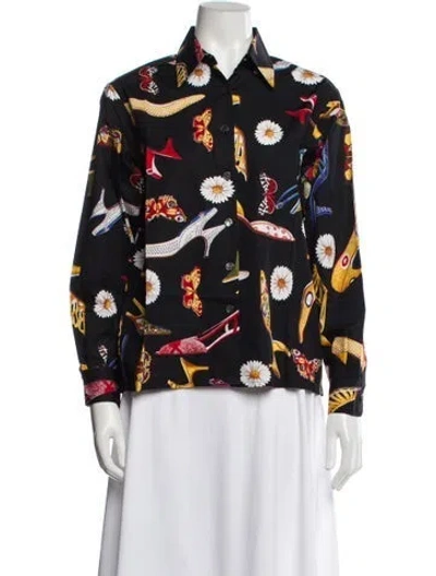 Pre-owned Ferragamo Patterned Long Sleeve Blouse W/ Tags In Black