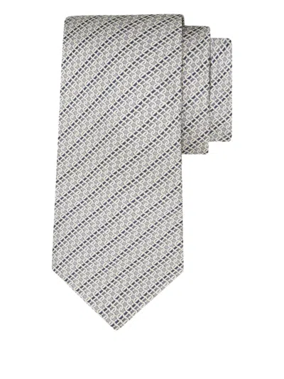 Ferragamo Printed Silk Tie With Interlocking Gancini And Regimental Stripes In Beige