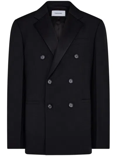 Ferragamo Peak-lapels Double-breasted Blazer In Black