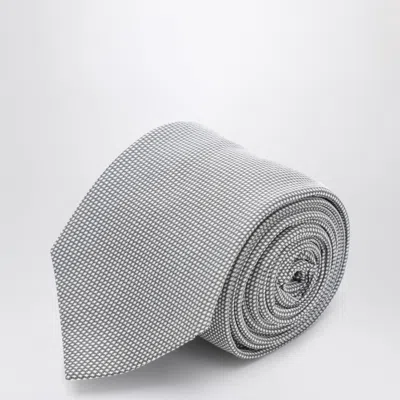 Ferragamo Pearl Grey Silk Tie With Micro-check Pattern In Multi