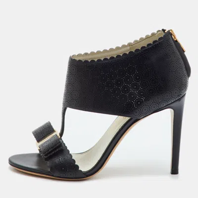 Pre-owned Ferragamo Pellas Size 35.5 Black Perforated Leather Vara Bow Sandals