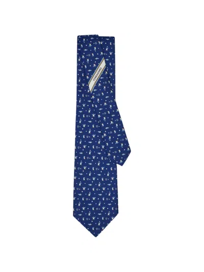 Ferragamo Penguin Print Silk Tie In Blue