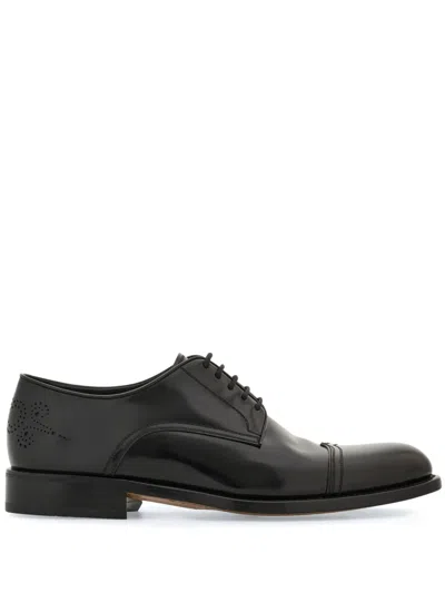 Ferragamo Perforated Leather Derby Shoes In Black