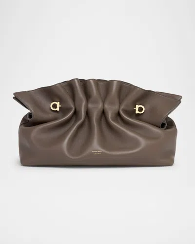 Ferragamo Piercing Medium Ruched Leather Shoulder Bag In Concrete