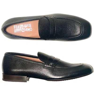 Pre-owned Ferragamo Pieve Penny 10.5 Ee Black Pebbled Leather Loafers Mens Casual Moccasin