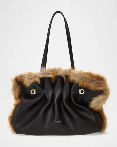 Ferragamo Pinch Soft Shearling-trim Leather Shoulder Bag In Black