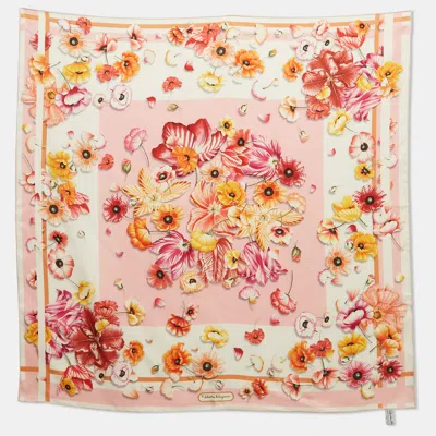 Pre-owned Ferragamo Pink Floral Print Silk Scarf