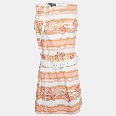 Pre-owned Ferragamo Pink Floral Striped Cotton Wrap Belted Dress M