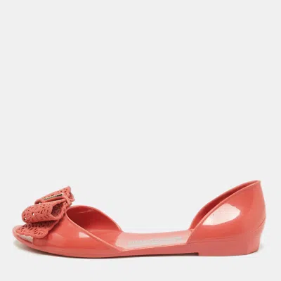 Pre-owned Ferragamo Pink Jelly Prieta Bow Flats Size 37.5