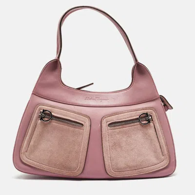 Pre-owned Ferragamo Pink Leather And Suede Gancini Pocket Shoulder Bag