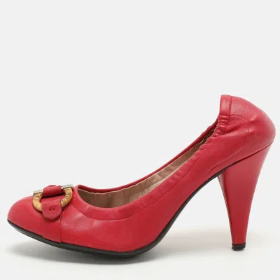 Ferragamo Pink Leather Embellished Scrunch Pumps In Red