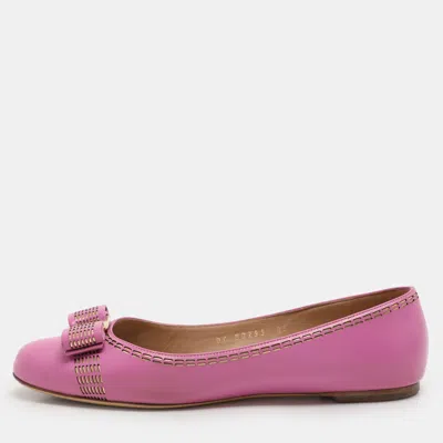 Pre-owned Ferragamo Pink Leather Vara Bow Ballet Flats Size 37.5