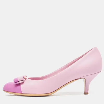 Pre-owned Ferragamo Pink Leather Vara Bow Pumps Size 37.5