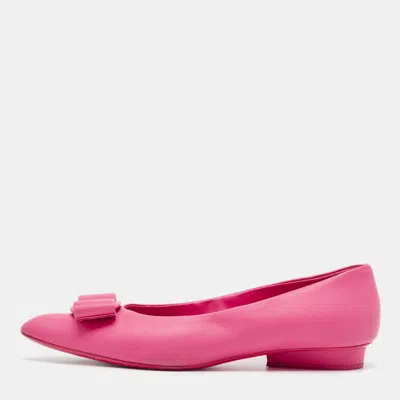 Pre-owned Ferragamo Pink Leather Viva Bow Ballet Flats Size 40