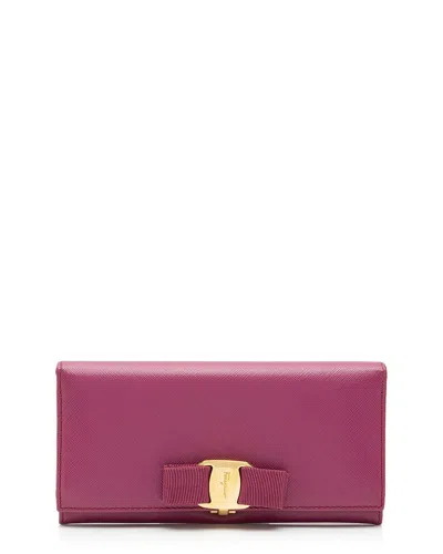 Pre-owned Ferragamo Pink Nylon, Saffiano Leather Miss Vara Bow Continental Wallet  (authentic Pre-loved)