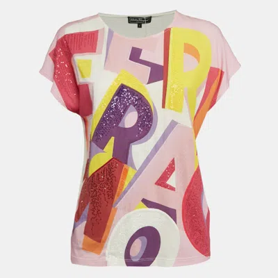 Pre-owned Ferragamo Pink Printed Jersey Sequin Detail T-shirt S In White